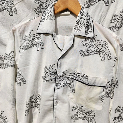 Handcrafted white cotton shirt with black tiger print by Ranthambore artisans, Dhonk Craft