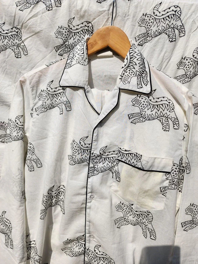 Handcrafted white cotton shirt with black tiger print by Ranthambore artisans, Dhonk Craft