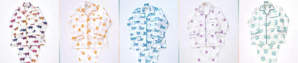 Boys organic cotton animal print pajamas by Dhonk Craft, handcrafted in colorful wildlife patterns