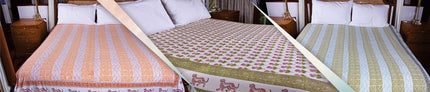 Handcrafted organic cotton bed covers with artisanal prints on beds, Dhonk Craft home decor