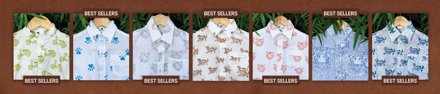 Dhonk Craft best sellers: artisan organic cotton shirts with wildlife prints, displayed on hangers