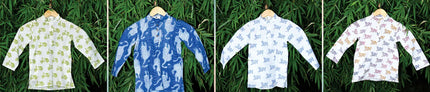 Handcrafted organic cotton boys kurtas with wildlife prints on hangers, Dhonk Craft collection
