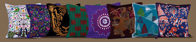 Handcrafted cushion covers with colorful wildlife and nature embroidery, Dhonk Craft home decor