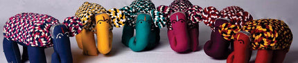 Colorful handcrafted elephant toys made from organic cotton by Dhonk Craft artisans