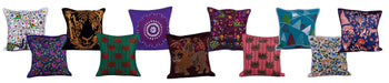 Handcrafted decorative cushion covers with vibrant wildlife and floral designs by Dhonk Craft