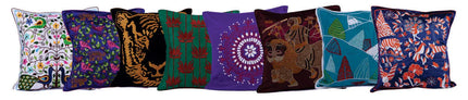 Handcrafted embroidered cushion covers with wildlife, floral, and artisan designs from Dhonk Craft