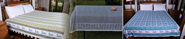 Handcrafted organic cotton bedspreads and tablecloth by Ranthambore artisans, Dhonk Craft