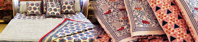 Handcrafted bedspread and cushions with traditional block print designs by Dhonk Craft