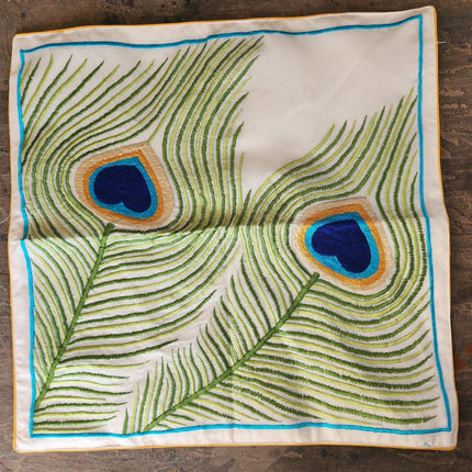 Handcrafted silk scarf with embroidered peacock feather pattern by Dhonk Craft