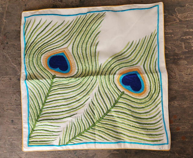 Handcrafted silk scarf with embroidered peacock feather pattern by Dhonk Craft