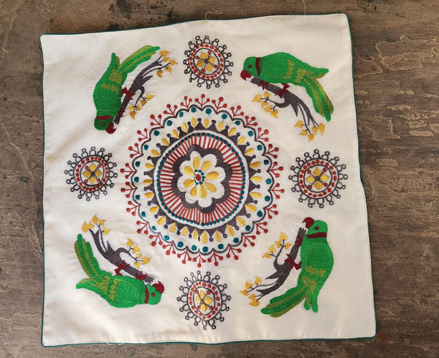 Handcrafted organic cotton cushion cover with embroidered birds and floral mandala, Dhonk Craft