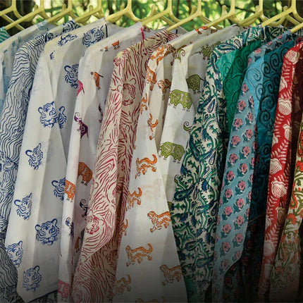 Handcrafted organic cotton shirts with vibrant block prints by Dhonk Craft artisans
