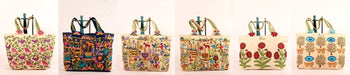 Handcrafted Kashida embroidery tote bags with colorful wildlife and floral designs by Dhonk Craft