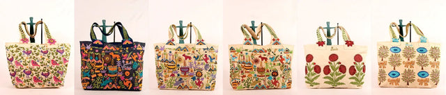 Handcrafted Kashida embroidery tote bags with colorful wildlife and floral designs by Dhonk Craft