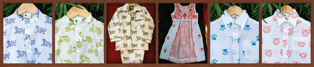 Handcrafted kids shirts and dress with wildlife prints by Dhonk Craft, organic cotton collection