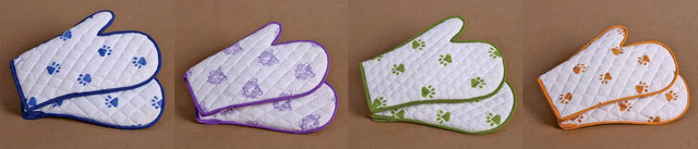 Handcrafted quilted cotton oven mitts with animal paw prints, assorted colors, Dhonk Craft