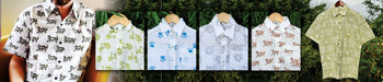 Handcrafted organic cotton shirts with wildlife prints by Dhonk Craft, displayed outdoors