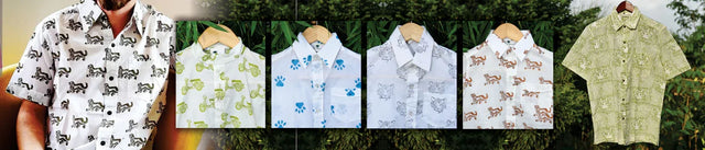 Handcrafted organic cotton shirts with wildlife prints by Dhonk Craft, displayed outdoors