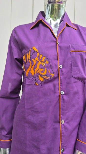 Purple handcrafted shirt with orange tiger embroidery, organic cotton, Dhonk Craft collection
