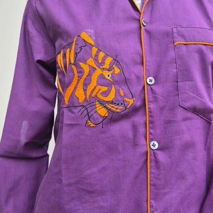 Purple handcrafted cotton shirt with orange tiger embroidery, ethical artisan clothing by Dhonk Craft