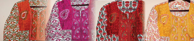 Handcrafted women’s kurtas in vibrant colors with floral and embroidered patterns by Dhonk Craft