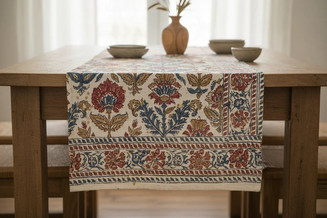 Handblock printed cotton table runner with floral design on a wooden dining table, Dhonk Craft