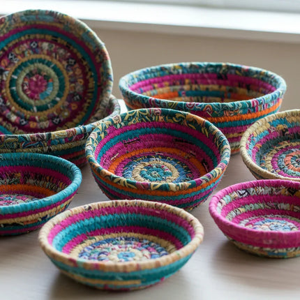 Colorful handcrafted upcycled fabric round baskets by Dhonk Craft on a table, home decor.