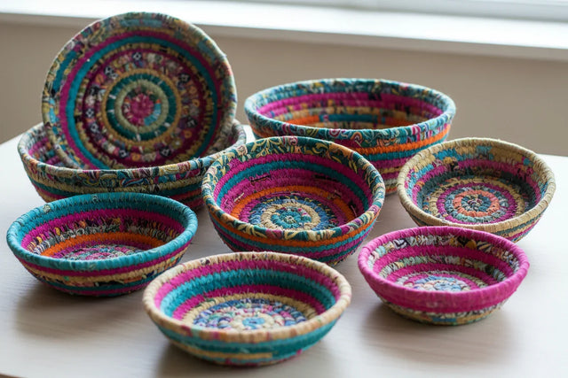 Colorful handcrafted upcycled fabric baskets by Dhonk Craft on a light wooden surface.