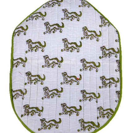 Handcrafted hot water bottle cover with green tiger print, organic cotton by Dhonk Craft