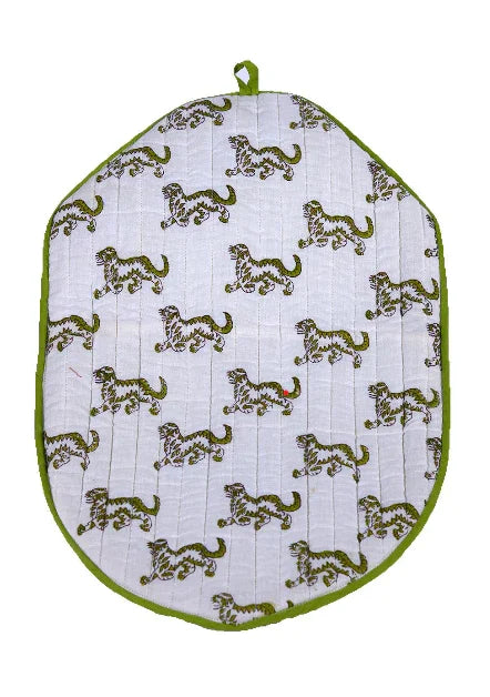 Handcrafted hot water bottle cover with green tiger print, organic cotton by Dhonk Craft