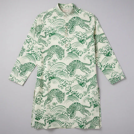 Off-white organic cotton kurta with green tiger and wave print, handmade by Dhonk Craft artisans