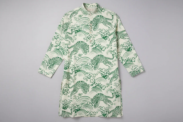 Off-white organic cotton kurta with green tiger and wave print, handmade by Dhonk Craft artisans