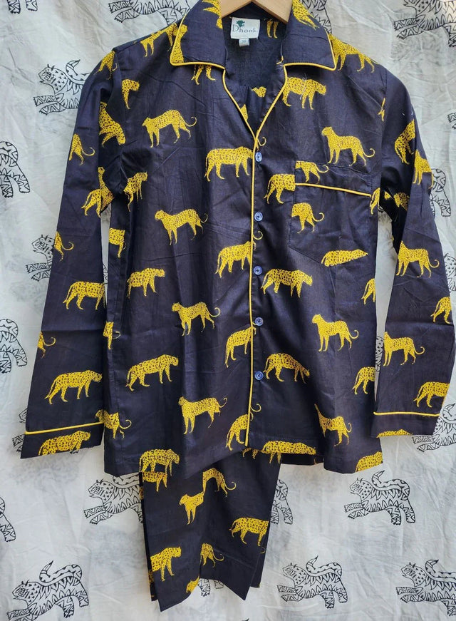 Handcrafted organic cotton night dress with yellow cheetah print by Dhonk Craft