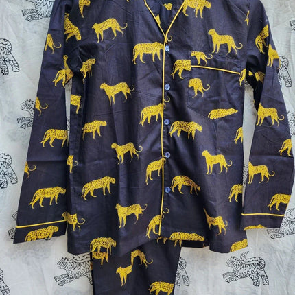 Organic cotton night dress with yellow cheetah print, handcrafted by Dhonk Craft artisans