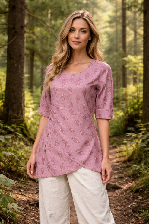 PINK HANDBLOCK PRINT SHORT  COTTON KURTA FOR WOMEN - DHONK