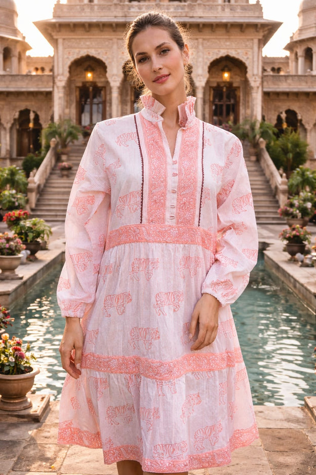 artisanal pink maxi dress Hand-block Printed Cotton Short Celebs Wearing Leather Jackets Dont forget the double Trends Color:IVORY HEIRLOOM
