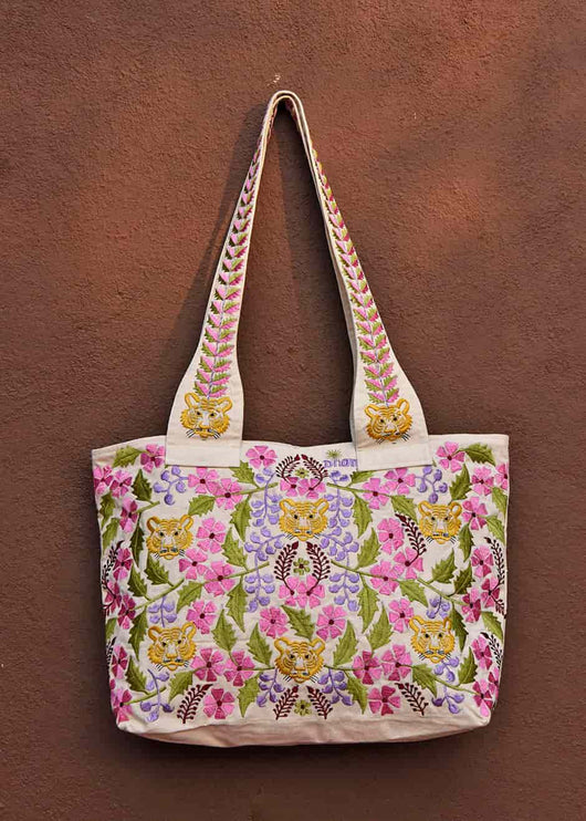 Julie Tiger Tote Bag – Stylish & Spacious Embroidered Canvas Tote