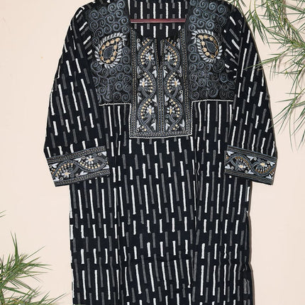 Dhonk Hand Block Print Embroidery Work Kurta – Women’s Cotton Ethnic Wear