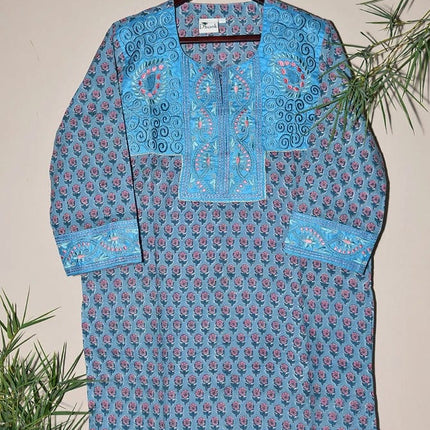 Dhonk Hand Block Print Embroidery Work Kurta – Women’s Cotton Ethnic Wear