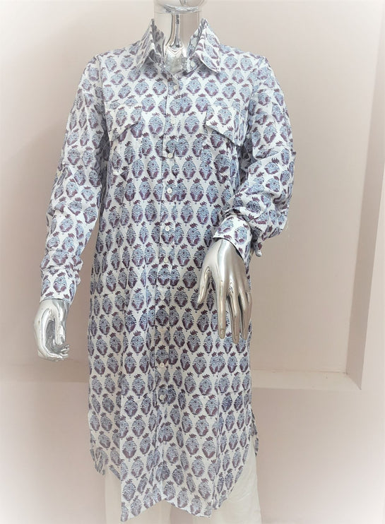 Hand Block Printed Safari Shirt – Soft Cotton Casual Shirt for Women
