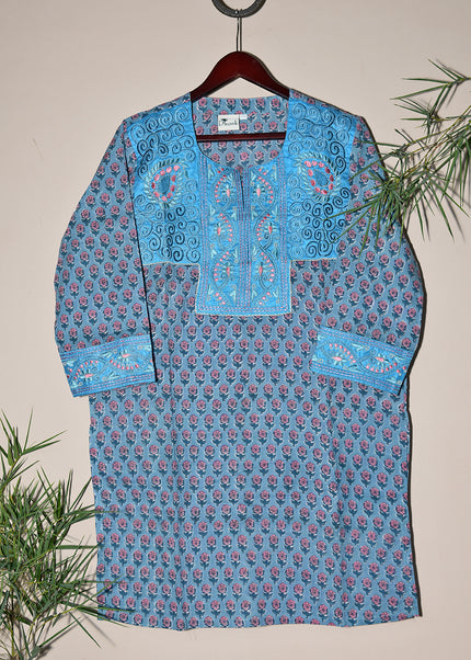 Ajanta Embroidered Hand Block Print Tunic – Elegant Cotton Women’s Top
