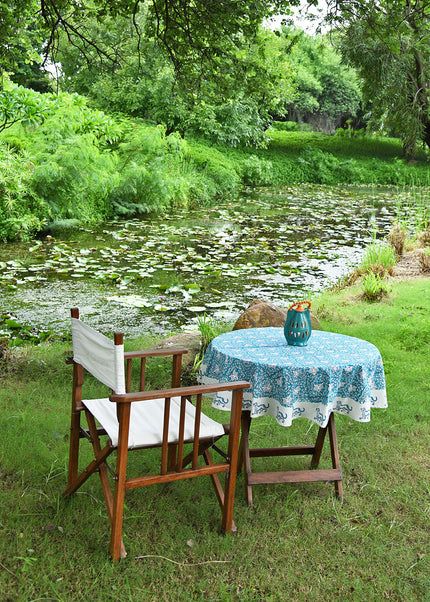 Hand-Blocked Round Table Cover - Traditional Floral & Wildlife Print