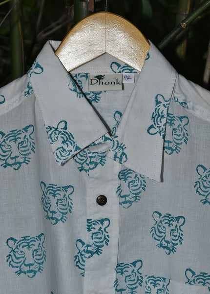 Hand Block Print Tiger Face Shirt – Cotton Casual Shirt for Men