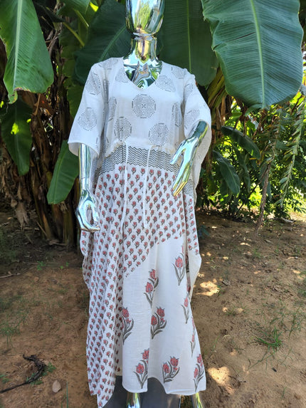 Handcrafted Kaftan Dress – White & Pink Floral Slub Cotton, Breezy Resort Wear