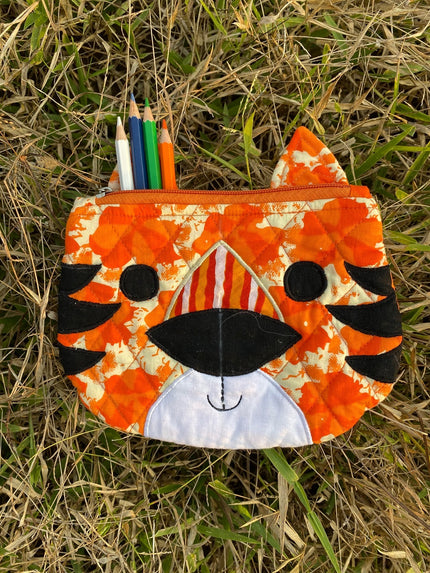 Pencil case for kids handmade tiger print quilted fabric zipper pouch.