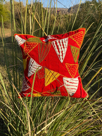 Hand-Embroidered Festive Bunting Cushion Cover in Crimson Red.