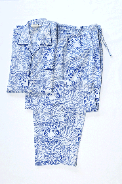 Blue Floral Block Print Cotton Pyjama Set for Women - Dhonk Craft Ranthambore
