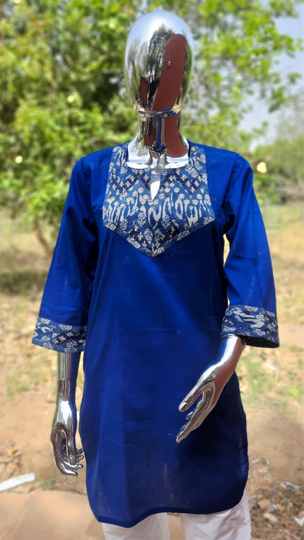 Royal blue cotton Padma Patch Tunic for women featuring traditional hand-printed yoke and sleeve detailing, displayed on a mannequin by Dhonk Crafts.