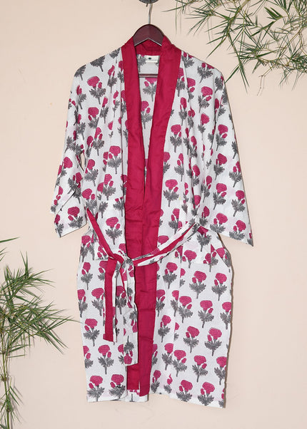 Dhonk Artisans pink floral cotton dressing gown, hand-block printed kimono robe for women, ethical loungewear.