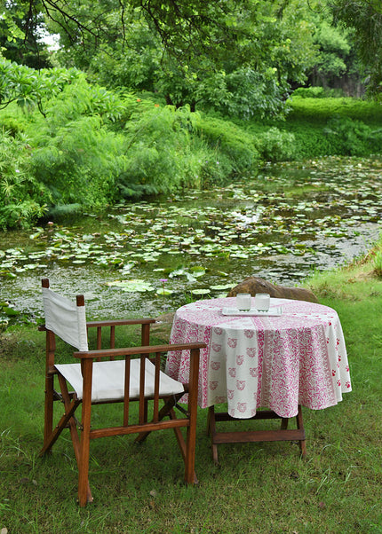 Hand-Blocked Round Table Cover - Traditional Floral & Wildlife Print